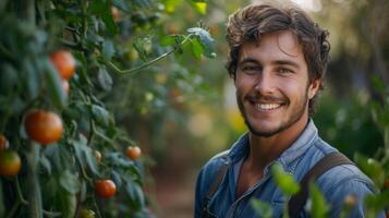 AI generated A handsome gardener stands smiling and looking at the camera near a bush with tomatoes photo