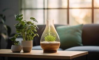 ai generado un aromaterapia difusor con un planta es conjunto arriba en un mesa con un vaso cuenco foto