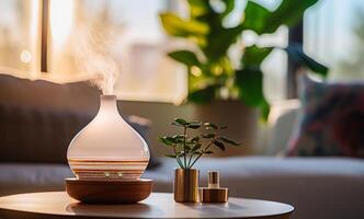 ai generado un aromaterapia difusor con un planta es conjunto arriba en un mesa con un vaso cuenco foto