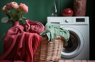 AI generated a laundry machine next to a wicker basket photo