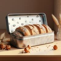 AI generated almond wheat bread in ceramic tin photo