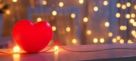 AI generated a red heart shaped lamp is placed in front of strands of string lights in the background photo