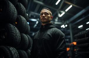 AI generated a male employee stands next to a high tread tires in an automotive factory photo