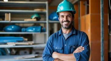 AI generated a smiling construction employee holding a hard hat and smiling photo