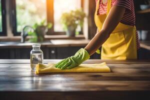 AI generated A woman wearing rubber gloves is seen dusting a wooden table in a kitchen photo