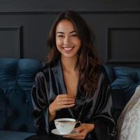 ai generado un joven hermosa mujer en un negro seda túnica se sienta en un oscuro azul sofá. ella tiene un taza de café en su manos foto