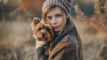 ai generado un joven hermosa mujer suavemente abrazos su Yorkshire terrier perro foto