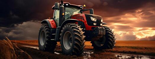 AI generated a red tractor drives towards a dark cloudy sky photo
