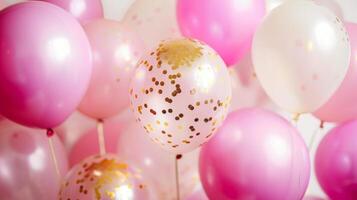 AI generated Beautiful holiday background with pink and gold balloons. Minimalistic light background photo