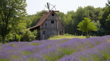 AI generated A rustic wooden mill standing against the backdrop of a bright blooming lavender field photo