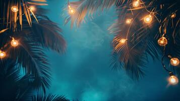 ai generado tropical noche verano fiesta anuncio antecedentes. palma árboles, ligero bulbo guirnaldas, y espacioso texto zona foto