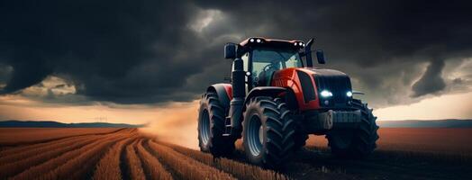 AI generated a red tractor drives towards a dark cloudy sky photo