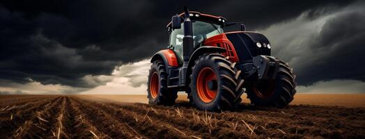 ai generado un rojo tractor unidades hacia un oscuro nublado cielo foto