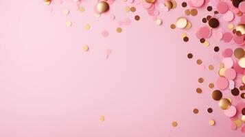 AI generated Beautiful abstract pink minimalistic background with golden small confetti and lots of space for texts in the center photo