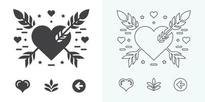 Love Heart Symbol Icons . Love Illustration Set with Solid and Outline Vector Hearts