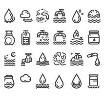 Editable vector pack of water icons. Water drops icon set. Editable vector pack of water line icons. A drop of water. Glass, magnifier, washing hands, shower. Vector illustration