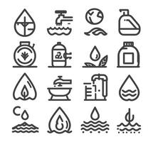 Editable vector pack of water icons. Water drops icon set. Editable vector pack of water line icons. A drop of water. Glass, magnifier, washing hands, shower. Vector illustration