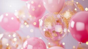 AI generated Beautiful holiday background with pink and gold balloons. Minimalistic light background photo