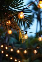 AI generated Beautiful background for advertising a night summer party with palm trees, garlands of light bulbs and plenty of space in the center for text photo