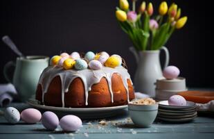 ai generado Pascua de Resurrección bundt pastel con huevos y Crema en un gris mesa en un cocina foto