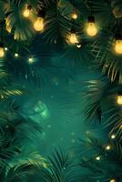 AI generated Beautiful background for advertising a night summer party with palm trees, garlands of light bulbs and plenty of space in the center for text photo
