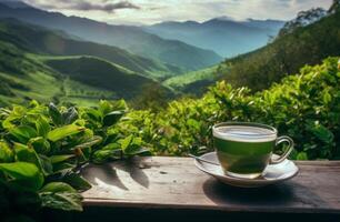 AI generated cup of tea in the mountains is a photo of mountain tea