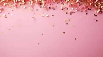 AI generated Beautiful abstract pink minimalistic background with golden small confetti and lots of space for texts in the center photo