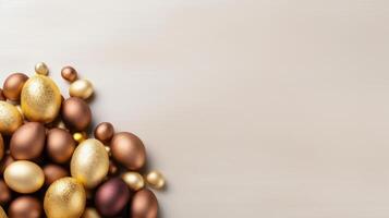 AI generated Beautiful minimalistic Easter background with chocolate bunny and golden Easter eggs with large copyspace area photo