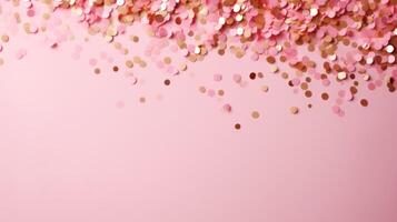 AI generated Beautiful abstract pink minimalistic background with golden small confetti and lots of space for texts in the center photo