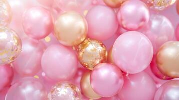 AI generated Beautiful holiday background with pink and gold balloons. Minimalistic light background photo
