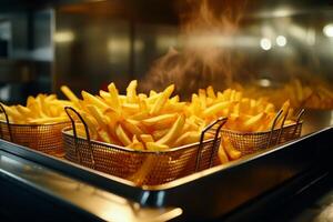 ai generado francés papas fritas a cocineros en un industrial comida preparación cocina cocinero foto