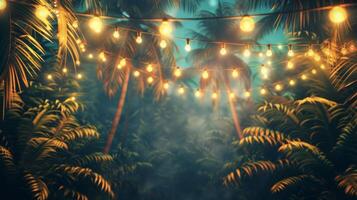 AI generated Beautiful background for advertising a night summer party with palm trees, garlands of light bulbs and plenty of space in the center for text photo