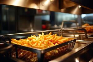 ai generado francés papas fritas a cocineros en un industrial comida preparación cocina cocinero foto