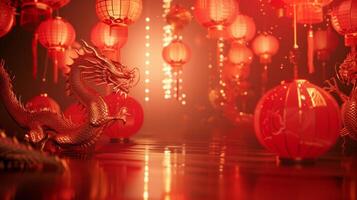 AI generated Beautiful red abstract background with Chinese lanterns and Chinese dragons photo