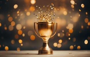 AI generated gold trophy with stars and gold sparklers photo