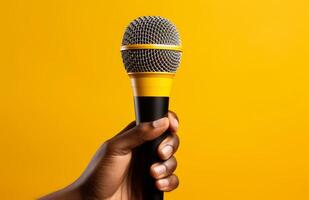 AI generated hand holding large microphone on yellow background photo