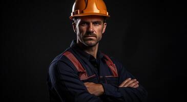 AI generated man in work hat and hard hat with crossed arms photo