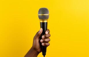 AI generated hand holding large microphone on yellow background photo