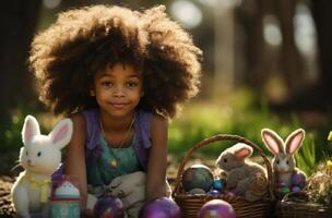 ai generado pequeño niña vistiendo conejito orejas sentado en césped al aire libre con un huevo y Pascua de Resurrección cesta foto