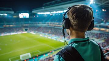 AI generated Football commentator in headphones looks from above at a football match photo