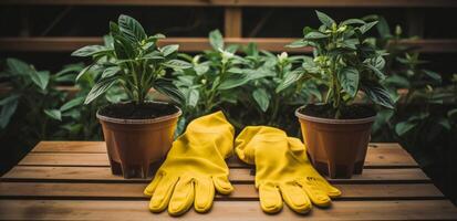 ai generado jardinería guantes con en conserva plantas en un de madera superficie foto