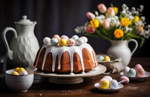 ai generado Pascua de Resurrección bundt pastel con huevos y Crema en un gris mesa en un cocina foto