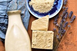 Homemade laundry, Marseille grated soap, DIY, do it yourself, zero waste, eco friendly, natural product for wash and cleaning with lavender photo