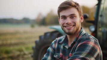 ai generado retrato de un hermoso joven granjero en un tartán camisa sonriente mirando a el cámara soportes cerca su grande tractor foto