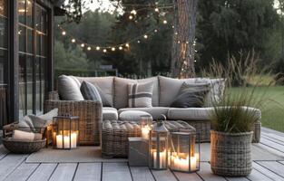 AI generated outdoor furniture with lights and wicker furniture photo