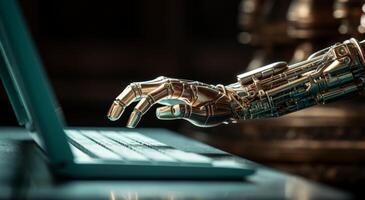 AI generated robotic hand on a laptop keyboard photo