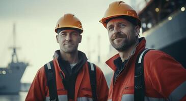 AI generated men in hard hats standing by a ship photo