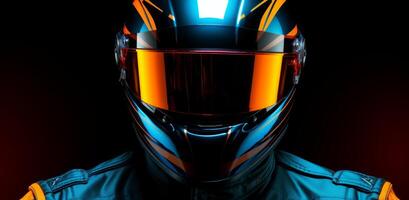 AI generated the image of a racing driver with his helmet, dark orange and light blue photo