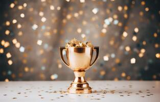 AI generated gold trophy with stars and gold sparklers photo