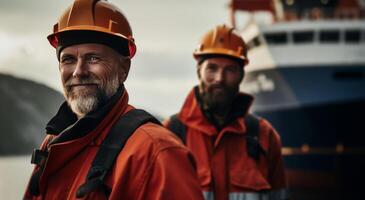 AI generated men in hard hats standing by a ship photo